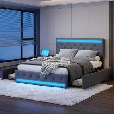 Obrázok produktu pre Rám dvojposteľovej postele INONEFT, 140 x 190 cm, tmavošedý, s ľanovým poťahom, LED osvetlením, USB portom na nabíjanie a 4 zásuvkami, bez matraca