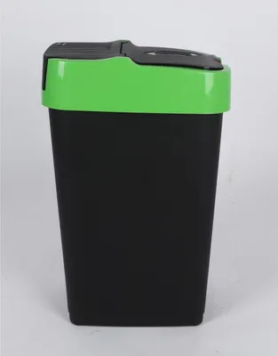 A black trash can with a green lid and a black lid mechanism, shown against a white background.