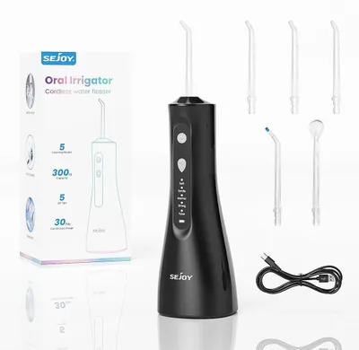 Obrázek produktu pro Elektrická ústní sprcha – Oral Irrigator – přenosná – akumulátor 1200 mAh – nádržka na vodu 300 ml – 4+ režimy – 5+ nástavců – pulz 1600–1999/min – černá
