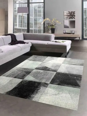 Produktbild von Abstrakter Teppich Flur Wohnzimmer modernes Karomuster in anthrazit grau grün Größe - 200 x 290 cm