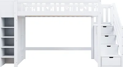 Produktbild von Flieks Etagenbett 90x200cm mit Kleiderschrank, Kinderbett Hochbett mit Klappbarem Stauschrank, Holzbett Jugendbett mit Regal und Rausfallschutz, Weiß