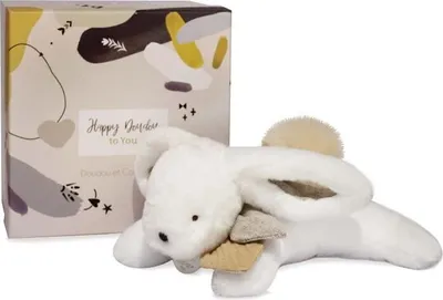Image de Doudou Coffret cadeau - Lapin en peluche avec pompon beige 25 cm