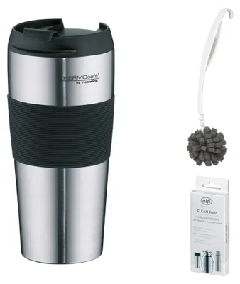 Obrázek produktu pro THERMOS TC THERMO PRO, hrnek s termoizolací, objem 0,40 l. Termohrnek, 0,4 l, nerezová ocel, matná barva – výhodná sada s čisticím kartáčem CLEAN FIX 30 cm a tablety CLEAN TABS (20 kusů). | HAN 4056205040 | EAN 5010576918390