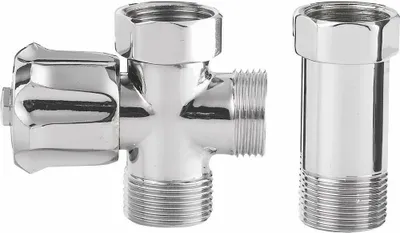 A chrome-plated plumbing valve and an extension piece are shown against a white background.