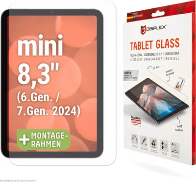 Produktbild von Displex Panzerglas (9H, 2D) für Apple iPad mini 8,3'' (6. Gen./7. Gen. 2024), Eco-Montagerahmen L-Form, kratzer-resistent, Klare Bildschirmschutzfolie, 21,1 cm (8.3"), 9H, 1 Stück(e)