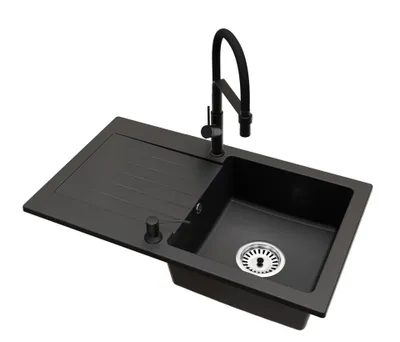 Produktbild von Granit Küchenspüle LEON Einbecken mit Abtropffläche inkl. Armatur Venice, Seifenspender und Raumsparsiphon Chrom
