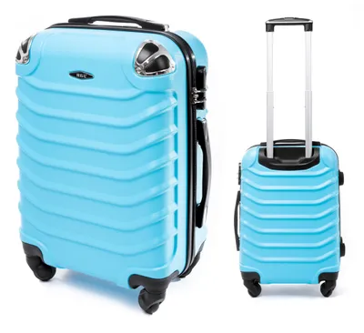 Two views of a light blue suitcase against a white background.