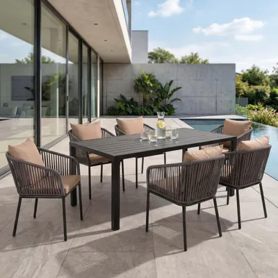 Obrázok produktu pre Záhradný set HWC-N41, stôl+6xstoličky, hliník odolný voči poveternostným vplyvom 180x80cm, lanový výplet Rope ~ antracitové vankúše taupe