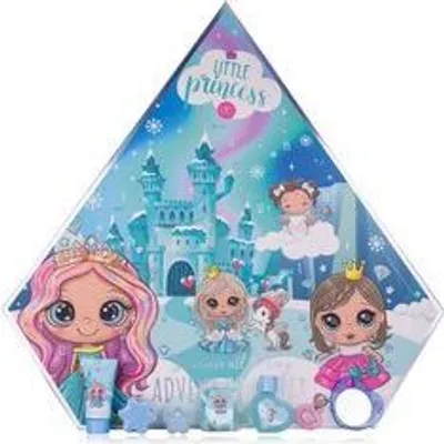 A diamond-shaped advent calendar box with princess-themed illustrations, featuring castles, princesses, and small cosmetic items.