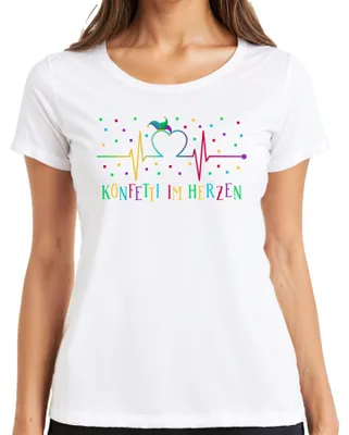 Produktbild von KONFETTI IM HERZEN Karneval Fasching Narrenkappe Herzlinie bunt Damen T-Shirt, Weiß, S