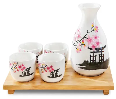 Sake-Set aus Keramik, 4 Schalen, Karaffe, Tablett, 250 ml, Kirschblütenmuster