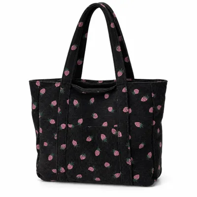 Produktbild von Cord Schultertasche mit Erdbeermuster – Tote Bag mit Reißverschluss & Frontfach, Damen Shopper für Alltag – Schwarz