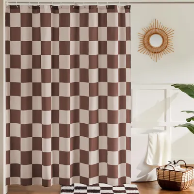 Produktbild von Duschvorhang mit khakifarbenem Karomuster, braun-beige, Retro-Karomuster, Vintage-Look, maschinenwaschbar, 183 x 183 cm