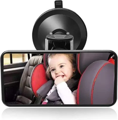 Image de Miroir de sécurité réglable pour bébé, compatible avec les voitures, de la marque Unyqoos®. Lentille convexe grand angle de 128 x 62 mm, rotation à 360°, ventouse puissante pour une fixation sur le pare-brise ou sur un écran de soleil