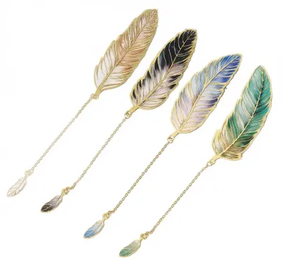 Metallene Feder-Lesezeichen mit Kette, 4 Stück, Gold