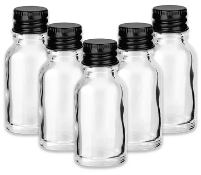 Produktbild von 5x Klare Glasflasche 15 ml mit schwarzem Aluminium Schraubverschluss