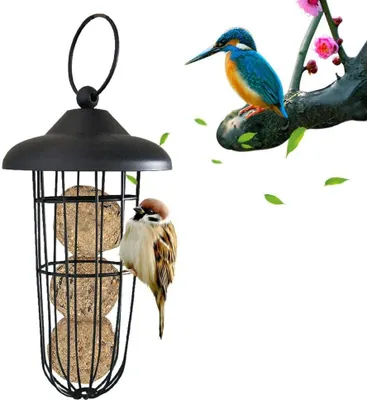 Produktbild von Vogelfutter Futterspender, Meisenknödelhalter zum Aufhängen, Vogelfutterhaus Futterstation, für Wildvögel, Futtersäule mit Dach, Eisen, Schwarz, 1er Pack