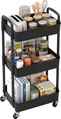 Produktbild von Unyqoos® 3‑lagiger Küchenwagen mit Griff – multifunktionaler Servierwagen auf 360°-Rollen, 3 Etagen, schwarz, Eisenrohrgestell & Kunststoffkörbe, für Küche, Büro & Wohnzimmer