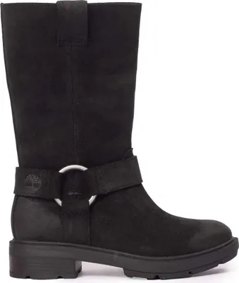 A studio shot of a black Timberland boot.
