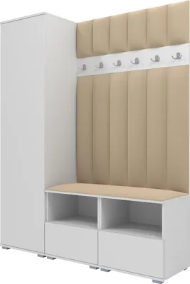 Produktbild von Garderoben-Set Nela II LUX, gepolsterte Garderobe 150 cm mit Doppel-Sitzbank, Wandpaneelen und Stauraum (Farbe: Weiß + Trinity 04)