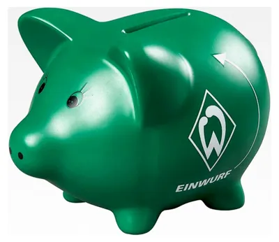 Produktbild von Grünes Keramik Sparschwein Werder-Raute mit Schriftzug Einwurf und Gummiverschluss