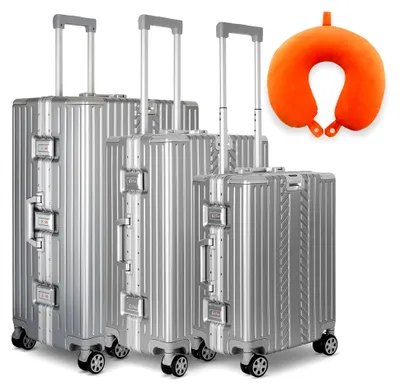 Produktbild von 3in1 M+L+XL Handgepäck(53cm) + Checkin-Trolley(65cm) + XL Koffer(75cm) Reisekoffer Set mit Alu-Rahmen, ABS + Orange Nackenkissen & TSA Nummern-Schloss | Silber