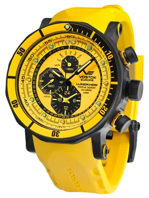 A close-up studio shot of a yellow Vostok Europe watch.