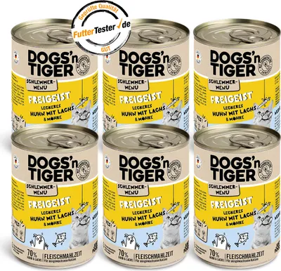 A group of six cans of dog food are arranged in a 2x3 grid on a white background.