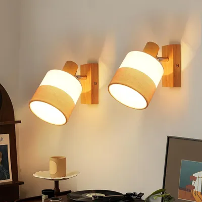 Produktbild von ZMH LED Wandstrahler 2ER Holz Wandleuchte Innen Wandlampe Retro Wandspot E14 Schwenkbar 350° Flurlampe Wand Stoffschrim für Schlafzimmer Küche, MAX40W