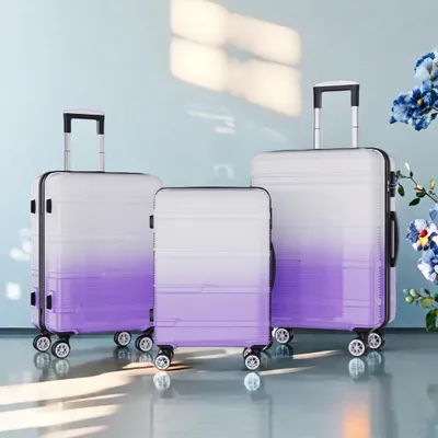 Produktbild von Set mit 3 Hartschalenkoffern aus ABS, Farbverlauf Lila/Pink, 20"/24"/28" – Handgepäck und aufgegebenes Gepäck, 4 x 360°-Rollen, Zahlenschloss, Teleskoptrolley + Gepäckwaage