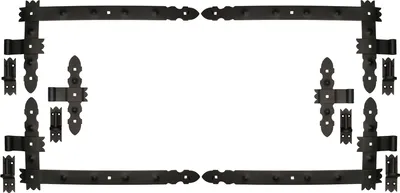 A set of decorative iron hinges and mounting hardware arranged on a white background.