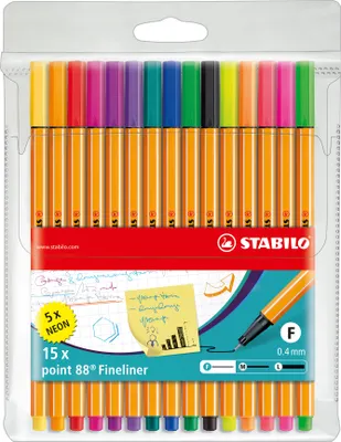Zdjęcie produktu dla Fineliner - STABILO point 88 - 15-pak - 15 różnych kolorów, w tym 5 kolorów neonowych