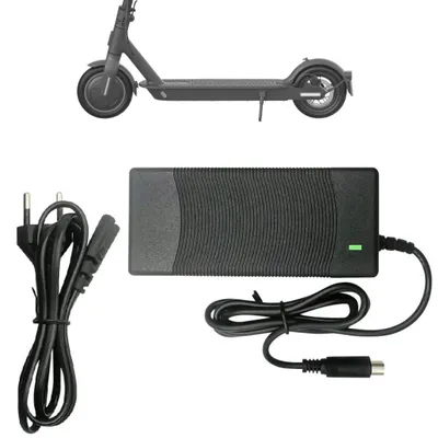 An electric scooter and its charger are displayed against a white background.