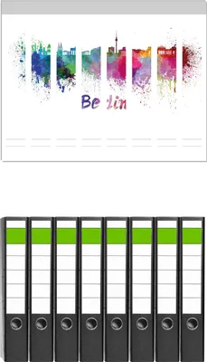 Produktbild von Wallario 8 Stück schmale Ordner inkl. Klebeetiketten mit Motive Städte als Aquarell - Skyline von Berlin -  Set mit Rückenschildern / Ordnerrücken Stickern