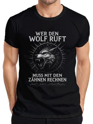 Productafbeelding van "Wie de wolf roept, roept de Viking." T-shirt, zwart, maat XL. Nordisch, Fenriswolf, herenmodel