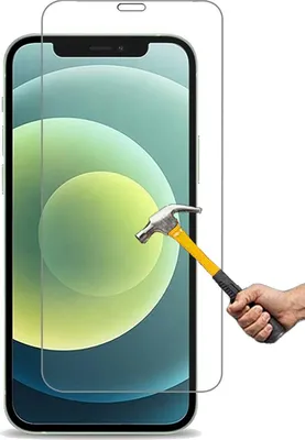 A hand holding a hammer is about to strike a screen protector on a smartphone.