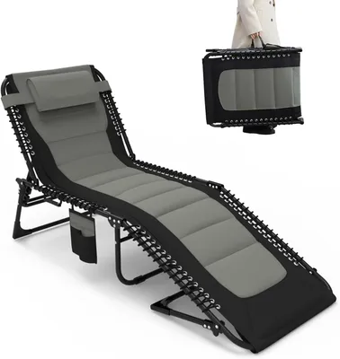 Produktbild von Liegestuhl – 200x68x38 cm – Grau – Klappbar mit 5-stufiger Rückenlehne, Kissen und Stahlrahmen
