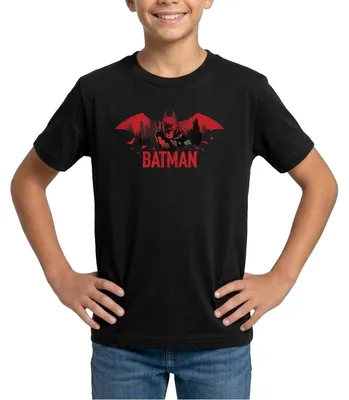 Produktbild von Spreadshirt Batman Mit Fledermäusen Und Rotem Batman-Logo Teenager T-Shirt, 152/164 (12-14 Jahre), Schwarz