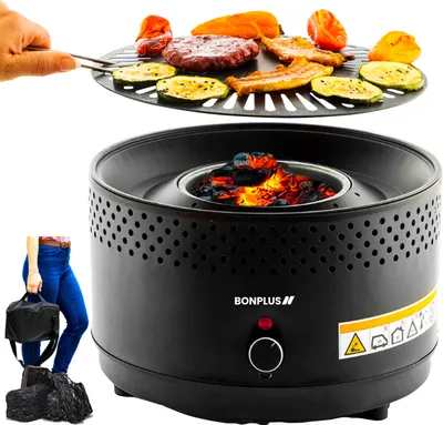 Produktbild von Bonplus BP | Ultra Portabler Holzkohlegrill | Ventilatorbetrieben | Batterielüfter | Leicht zu reinigen | Einheitliches Garen | Antihaft