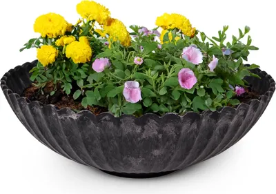 Immagine prodotto di Ciotola rotonda ondulata per piante da esterno nero marmorizzato 22 cm