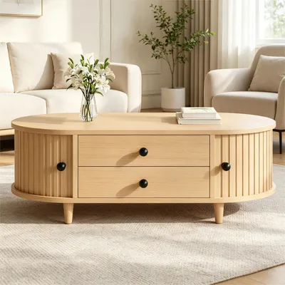 Immagine prodotto di Tavolino rotondo, aspetto legno, con ante a ribalta e 2 cassetti