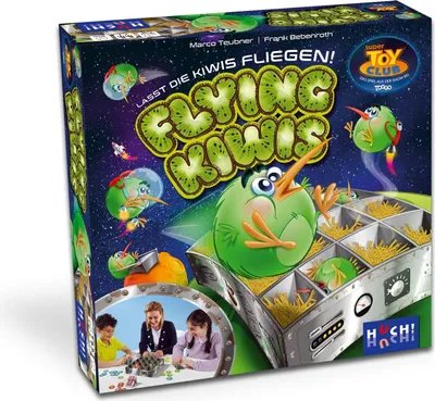 The image shows the box of the board game 'Flying Kiwis' with cartoon kiwis in space.