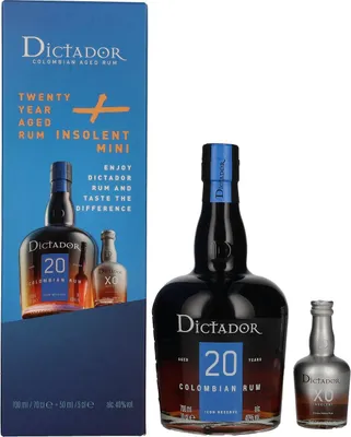 Image de Dictador 20 Years Old ICON RESERVE Colombian Rum 40% Vol. 0,7l en boîte cadeau avec Dictador XO Insolent Miniatur 0,05l