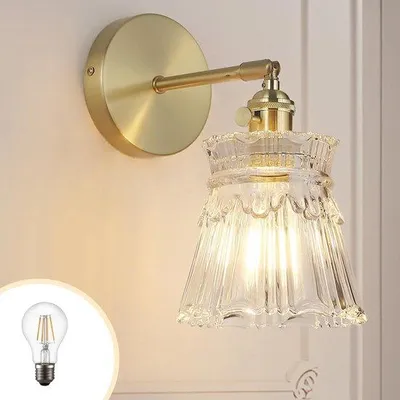 Image de Applique murale en laiton pour chambre à coucher - orientable à 180° - avec verre à motifs floraux - support de miroir pour chambre à coucher et salon