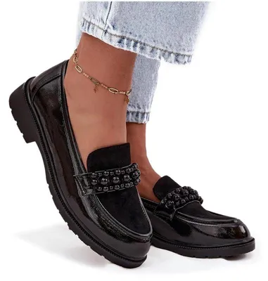 Imagen del producto de Zapatos de tacón para mujer, tipo mocasín de charol, con adornos de perlas, marca S.Barski, modelo HY52-541, color negro, talla 39