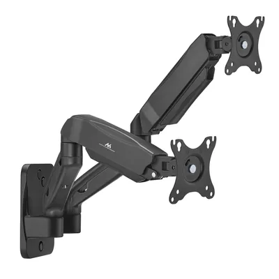 A black dual monitor wall mount is shown against a white background.