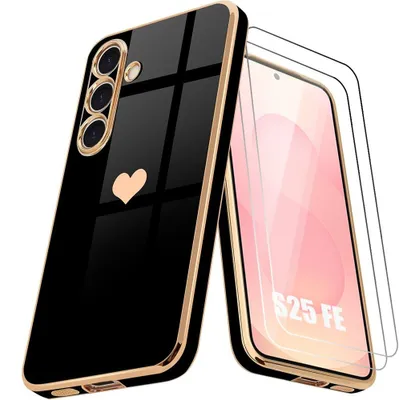 Image de Coque + 2 Verres Trempés pour Samsung Galaxy S25 FE, Silicone Motif Coeur Souple Anti-Rayures Slim - Noir