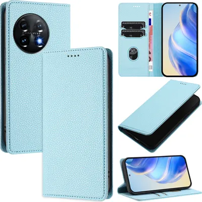 Produktbild von Litchi Leder Handyhülle für OnePlus 11 Wallet Kartenfächer Standfunktion Hülle Hellblau