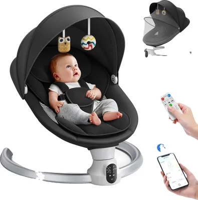 Zdjęcie produktu dla Elektryczny fotel bujany dla niemowląt, 5 pozycji bujania, muzyka przez Bluetooth, CZARNY