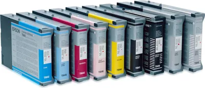 A row of ink cartridges for an Epson printer.